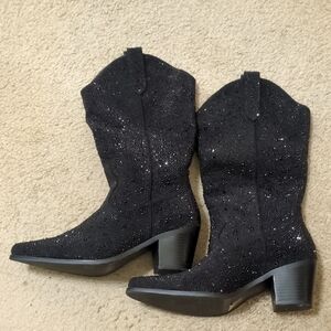 Black Rhinestone Mid Calf Boots Size 7